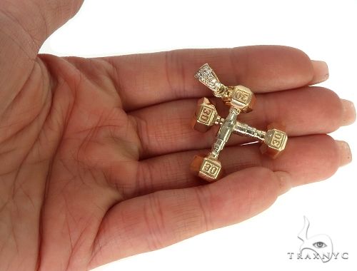 14K Two Tone Big Dumbbells Barbells Fitness Pendant 66106 - Image 5