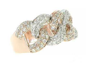 Two tone gold diamond Miami Cuban link ring – yellow and white 14k gold with diamond-set links, top view