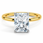 Two-tone 14K gold engagement ring featuring a 2 carat radiant-cut lab grown diamond with four white gold prongs and a polished gold band.