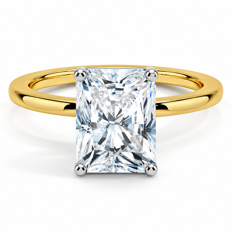 Two-tone 14K gold engagement ring featuring a 2 carat radiant-cut lab grown diamond with four white gold prongs and a polished gold band.