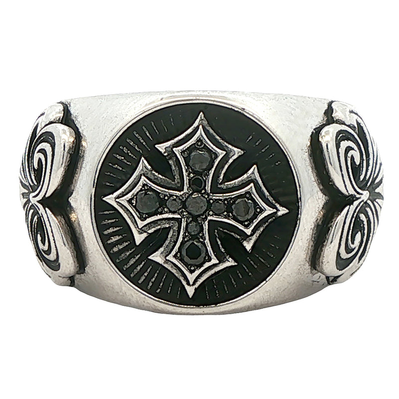 Antique-style silver ring with black cross and detailed side engravings in polished finish.