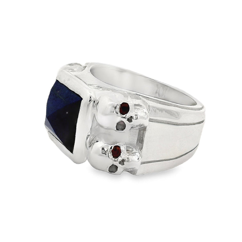 Blue Lapis Silver Ring With Skulls And Red Sapphire 71004