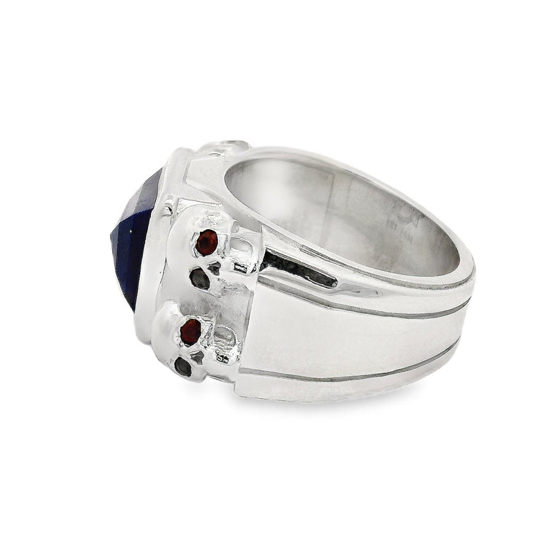 Blue Lapis Silver Ring With Skulls And Red Sapphire 71004