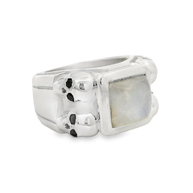 Moonstone Silver Ring With Skulls And Black Diamonds 71007