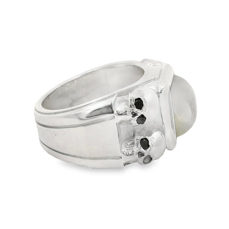 Moonstone Silver Ring With Skulls And Black Diamonds 71007