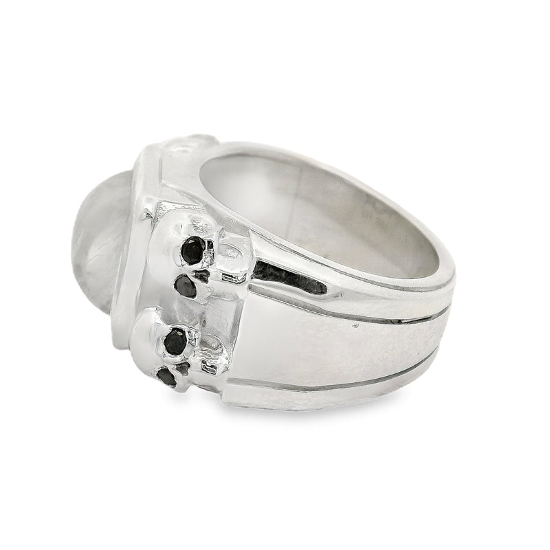Moonstone Silver Ring With Skulls And Black Diamonds 71007