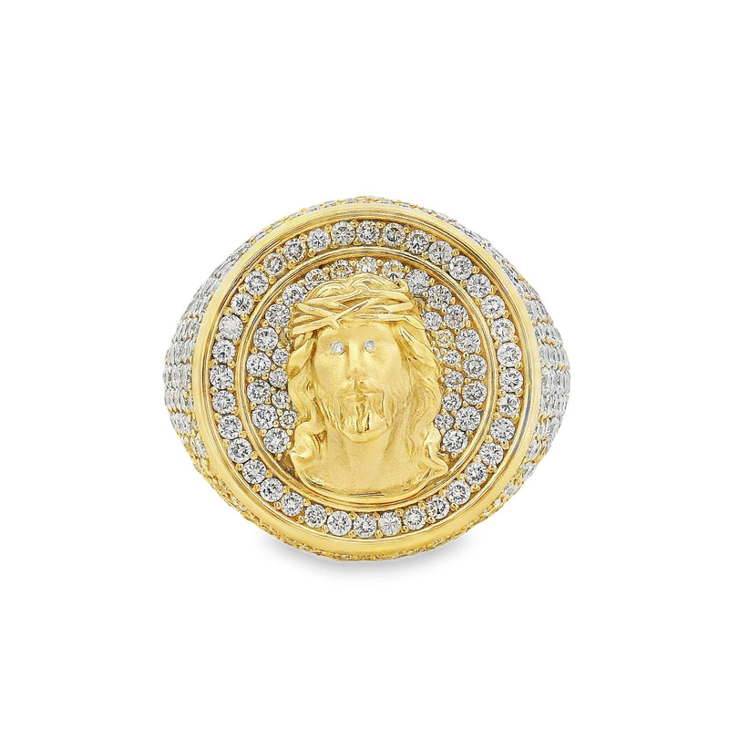Gold circular men's ring with Jesus head and diamond accents in concentric circles