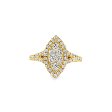 Yellow gold marquise cluster diamond engagement ring with double halo and diamond band.