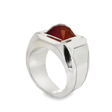 Silver men's ring with large square carnelian and small natural diamonds.