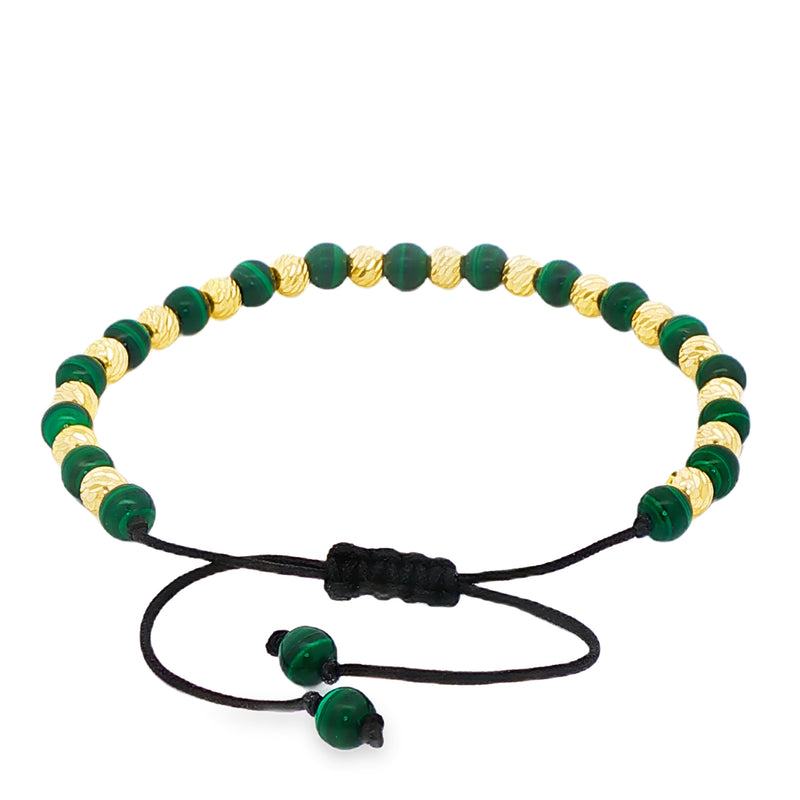 Adjustable bracelet with alternating green malachite and textured gold round beads on black cord.