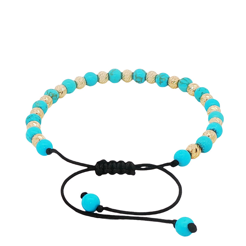 Turquoise and gold bead adjustable bracelet with black woven cord and sliding knot closure.