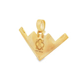 14k gold B-2 bomber aircraft pendant with black diamond detail and engraved emblem.