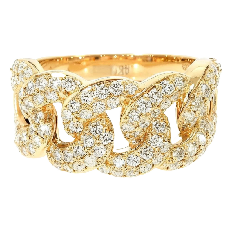 14K yellow gold Miami Cuban link ring with pavé-set round diamonds, men's style