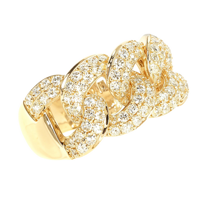 14K yellow gold Miami Cuban link ring with pavé-set round diamonds, men's style.