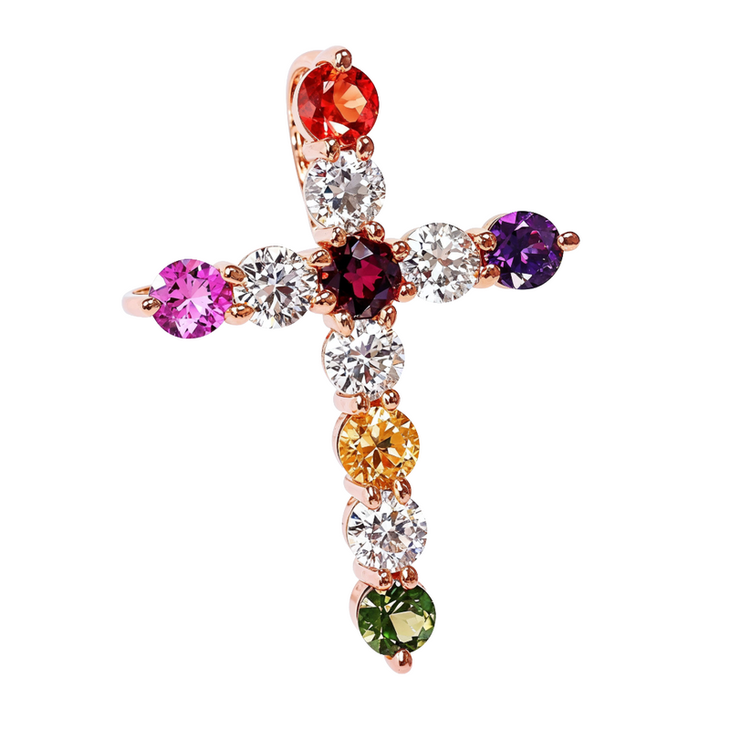 14K Gold Fruit Loop Diamond Sapphire Cross Pendant, photo 2 of 6