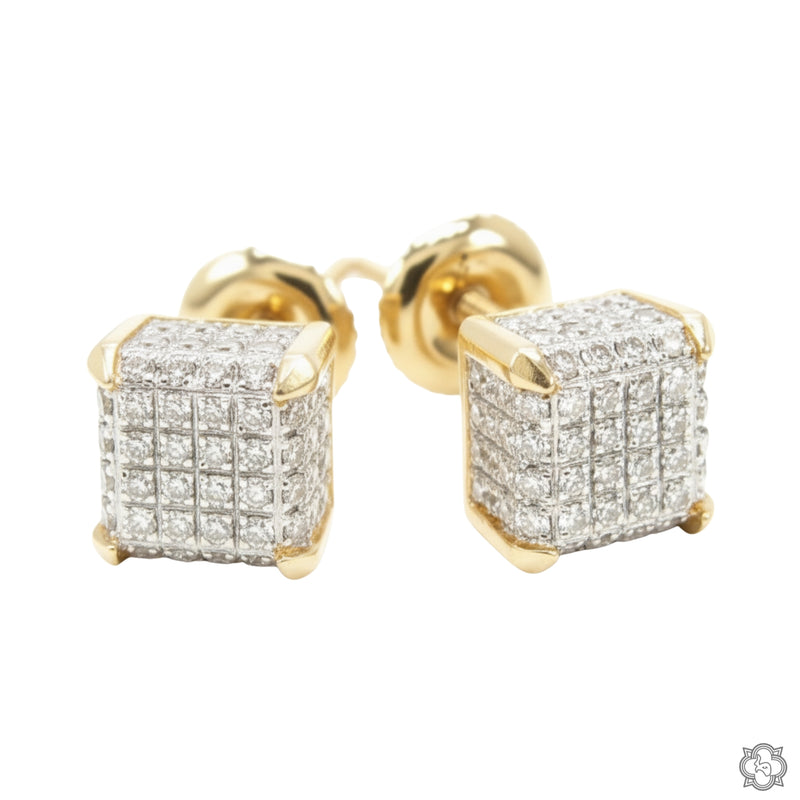 10K yellow gold cube stud earrings encrusted with small diamonds, hip-hop style men's jewelry.