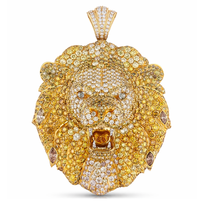 Gold lion head pendant encrusted with natural fancy yellow and white diamonds.