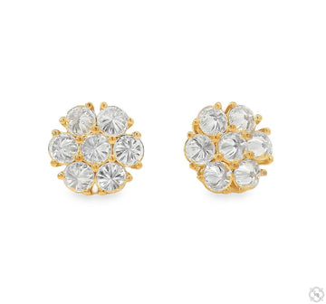 11mm yellow gold cluster earrings with upside-down diamond flower design.