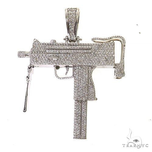 White gold Uzi submachine gun pendant encrusted with sparkling diamonds