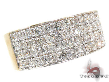 Yellow gold men's ring with four prong-set rows of round diamonds