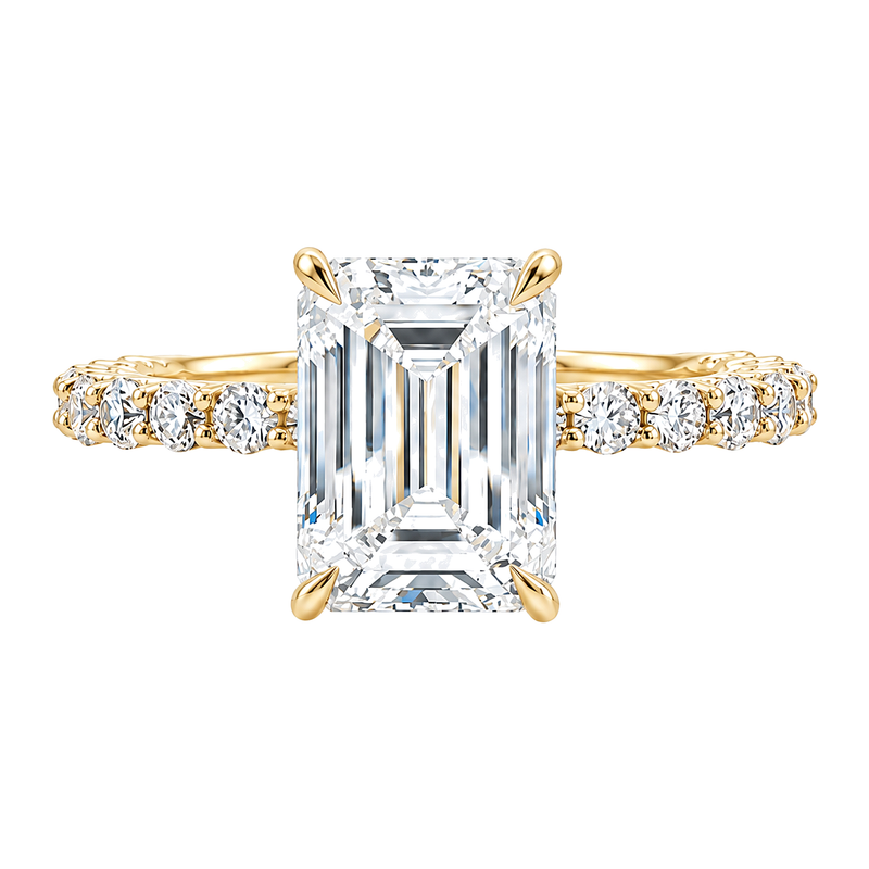 14K gold Engagement Ring featuring a 3.50 carat emerald-cut lab grown diamond with a slim double shared-prong diamond band.