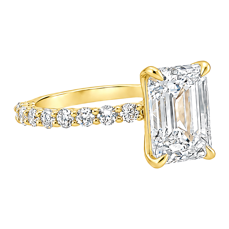 14K gold Engagement Ring featuring a 3.50 carat emerald-cut lab grown diamond with a slim double shared-prong diamond band.