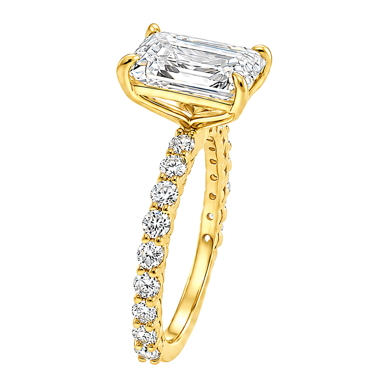 14K gold Engagement Ring featuring a 3.50 carat emerald-cut lab grown diamond with a slim double shared-prong diamond band.
