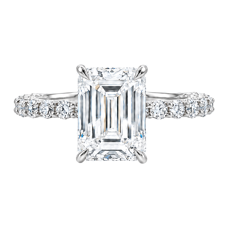 14K gold Engagement Ring featuring a 3.50 carat emerald-cut lab grown diamond with a slim double shared-prong diamond band.