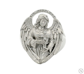 Men's gold ring featuring sculpted Virgin Mary figure with angel wings and diamond halo, angled three-quarter view