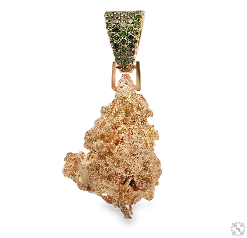 Cannabis flower pendant cast in solid 18K yellow gold with green diamond bail, front detail view