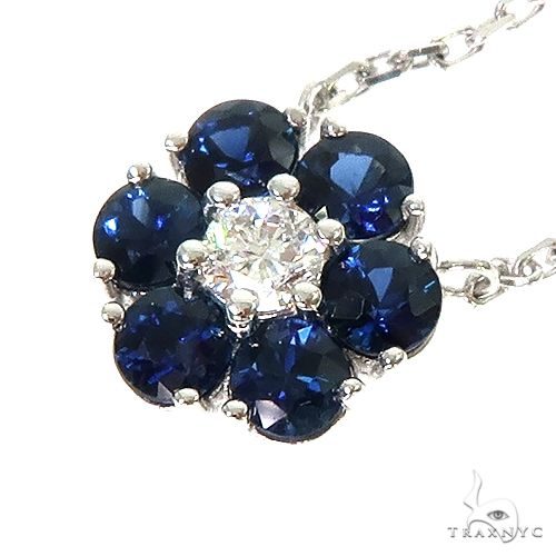 14K Gold Water Sapphire Diamond Flower Necklace, photo 3 of 6