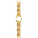 14K yellow gold men's bracelet with wide linked chain and round watch face frame.