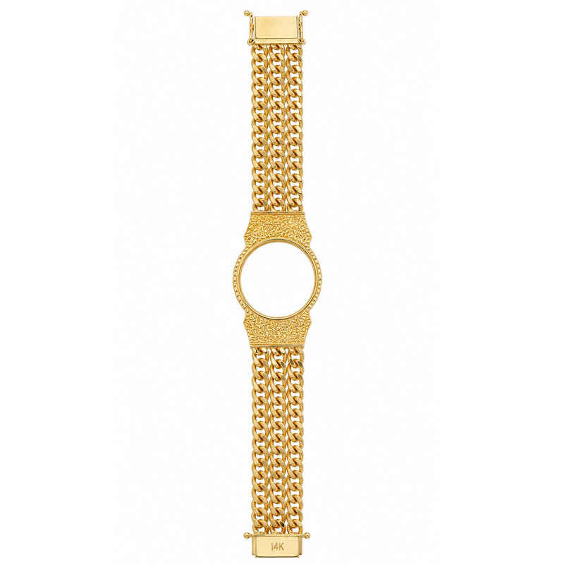 14K yellow gold men's bracelet with wide linked chain and round watch face frame.