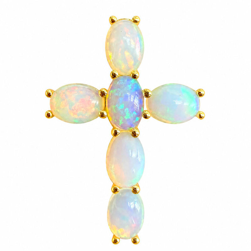 Mini spiritual cross pendant set with oval opal stones in prong settings