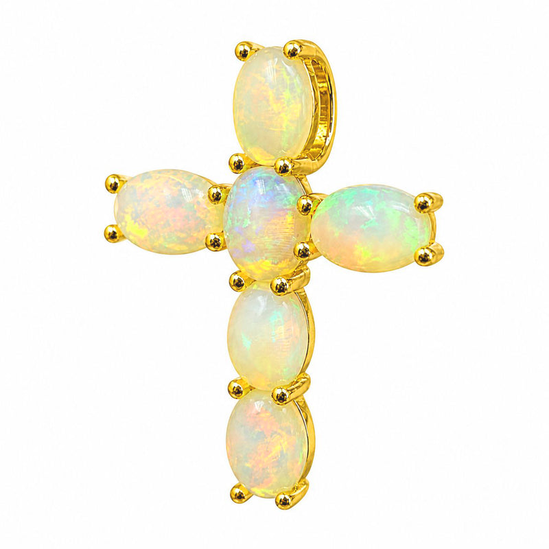 Mini spiritual cross pendant set with oval opal stones in prong settings
