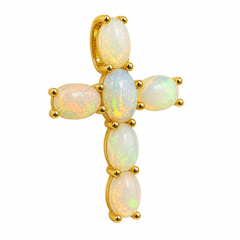 Mini spiritual cross pendant set with oval opal stones in prong settings