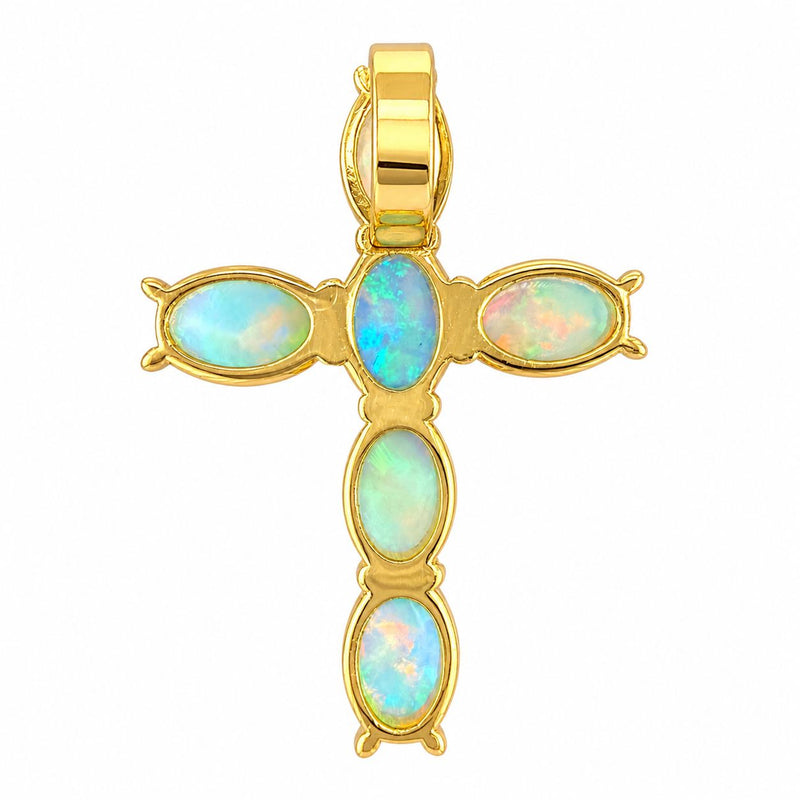 Mini spiritual cross pendant set with oval opal stones in prong settings