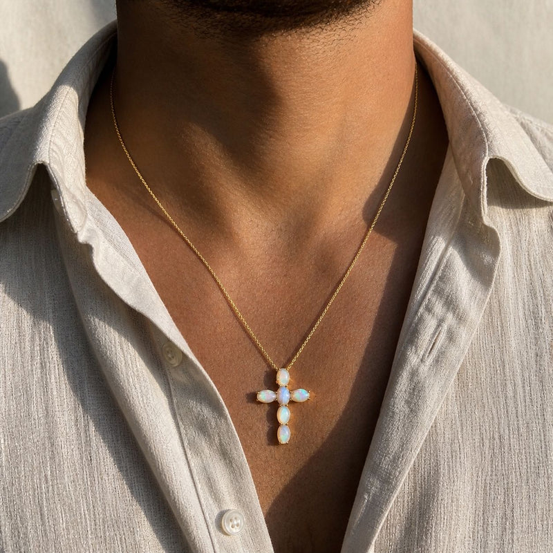Mini spiritual cross pendant set with oval opal stones in prong settings