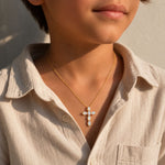 Mini spiritual cross pendant set with oval opal stones in prong settings