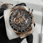 Rolex Cosmograph Daytona 116515LN in 18K Everose Gold with a skeletonized dial and visible Caliber 4130 movement.

