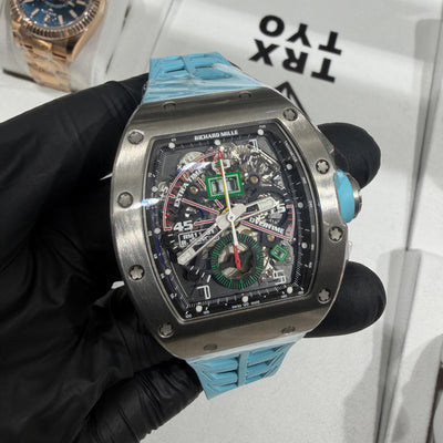 Richard Mille RM 11-01 Roberto Mancini limited edition in a titanium tonneau case with a skeletonized flyback chronograph movement and “Extra Time” and “Overtime” subdials.

