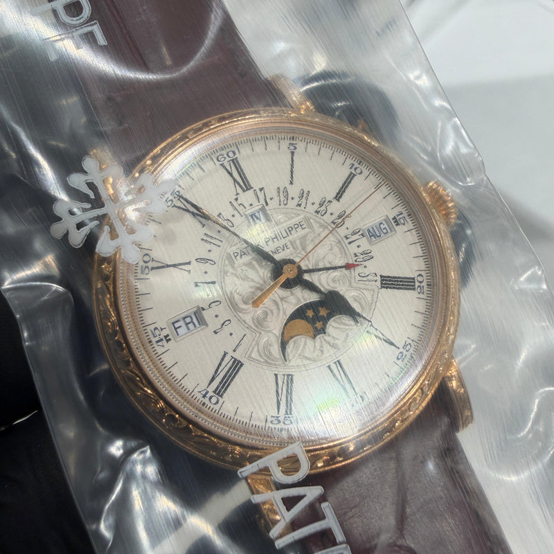 38mm rose gold Grand Complication on a brown crocodile strap with a classic and balanced design.

