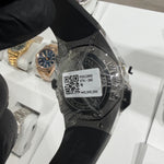 44mm Audemars Piguet Royal Oak Concept on a black rubber strap, highlighting the futuristic design and fully visible tourbillon movement.

