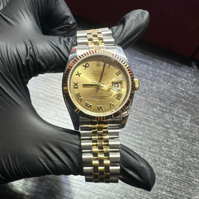 Rolex DateJust 36mm | Two Tone Yellow Gold | Champagne Roman Dial | 116233