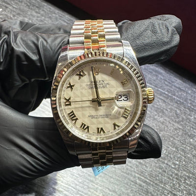 Rolex DateJust 36mm | Two Tone Yellow Gold | Pyramid Roman Dial | 116233