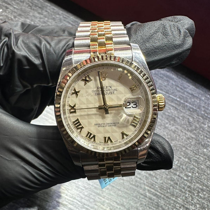 Rolex DateJust 36mm | Two Tone Yellow Gold | Pyramid Roman Dial | 116233