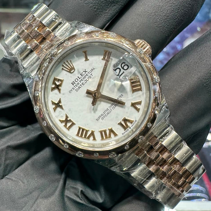 2018 Rolex DateJust 31mm | Two Tone Everose Gold | White Roman Dial | Diamond Bezel | 278341