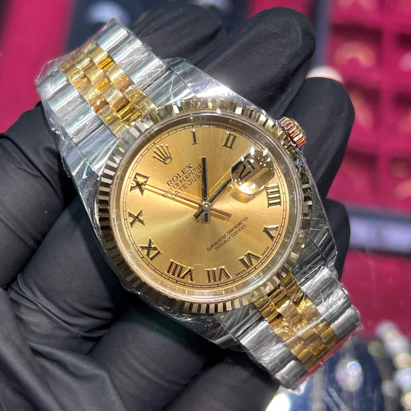 Rolex DateJust 36mm | Two Tone Yellow Gold | Champagne Roman Dial | 116233