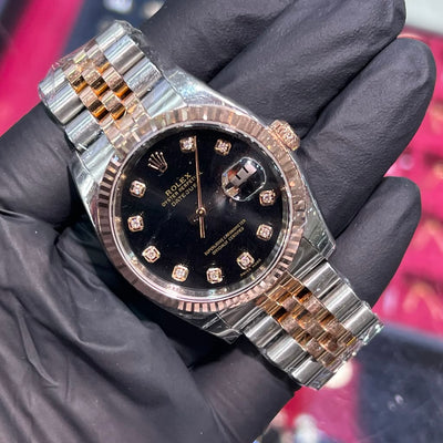 Rolex DateJust 36mm | Two Tone Everose Gold | Black Diamond Dial | 116233