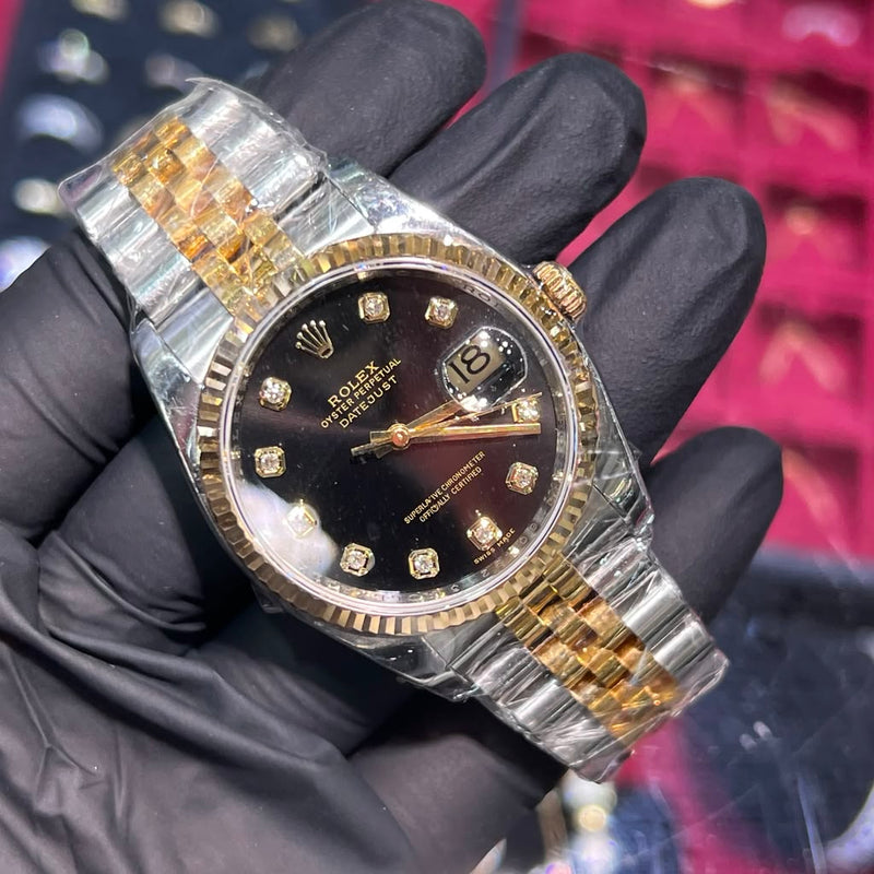 Rolex DateJust 36mm | Two Tone Yellow Gold | Black Diamond Dial | 116233